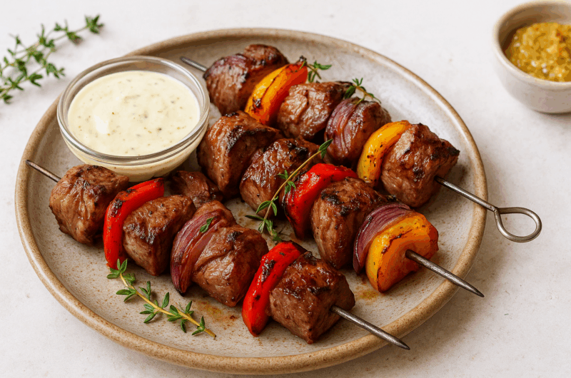 FICHE DE RECETTE – Brochettes de bœuf mariné au thym & moutarde.